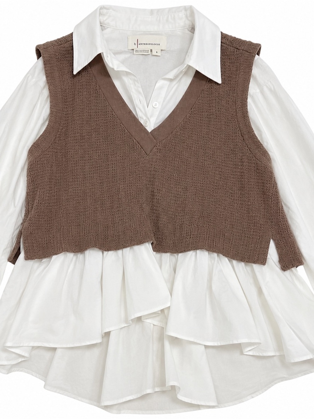 By Anthropologie Brown Sweater Vest Layered White Shirt Size S